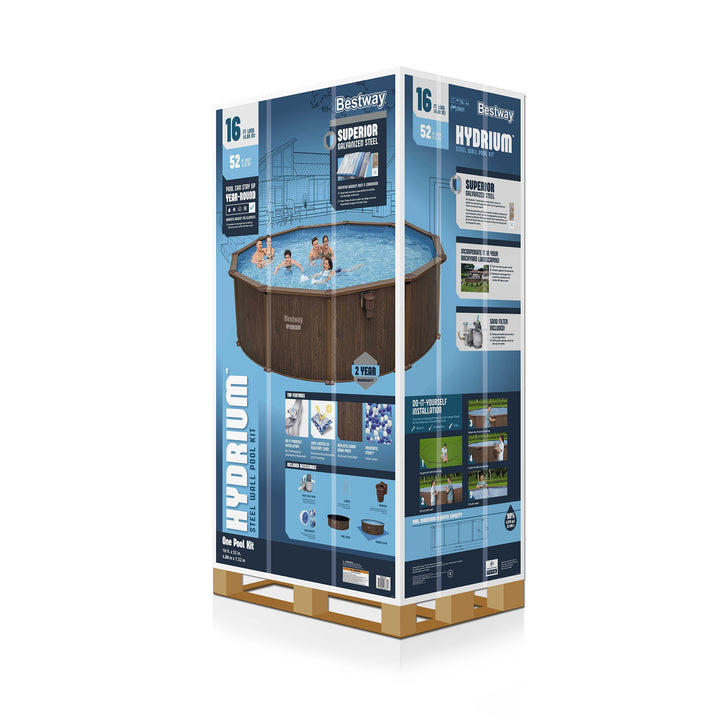 Bestway Hydrium 16’ x 52” Steel Wall Round Above Ground Swimming Pool Set
