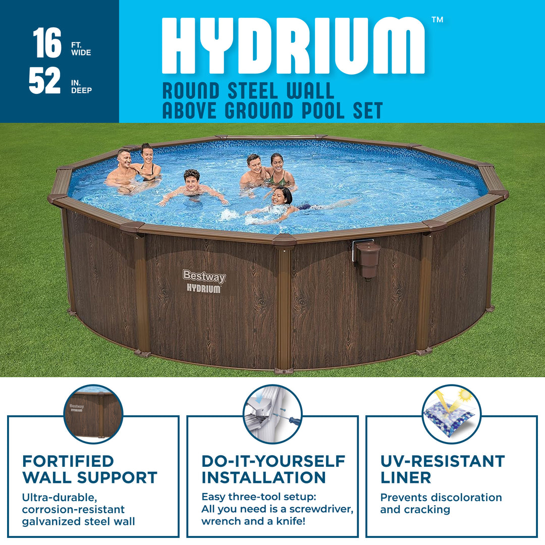 Bestway Hydrium 16’ x 52” Steel Wall Round Above Ground Swimming Pool Set