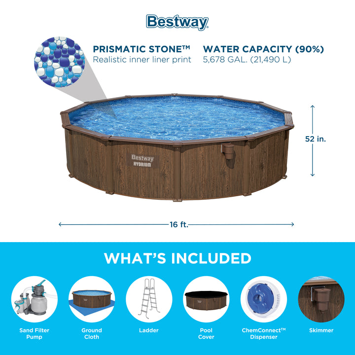 Bestway Hydrium 16’ x 52” Steel Wall Round Above Ground Swimming Pool Set