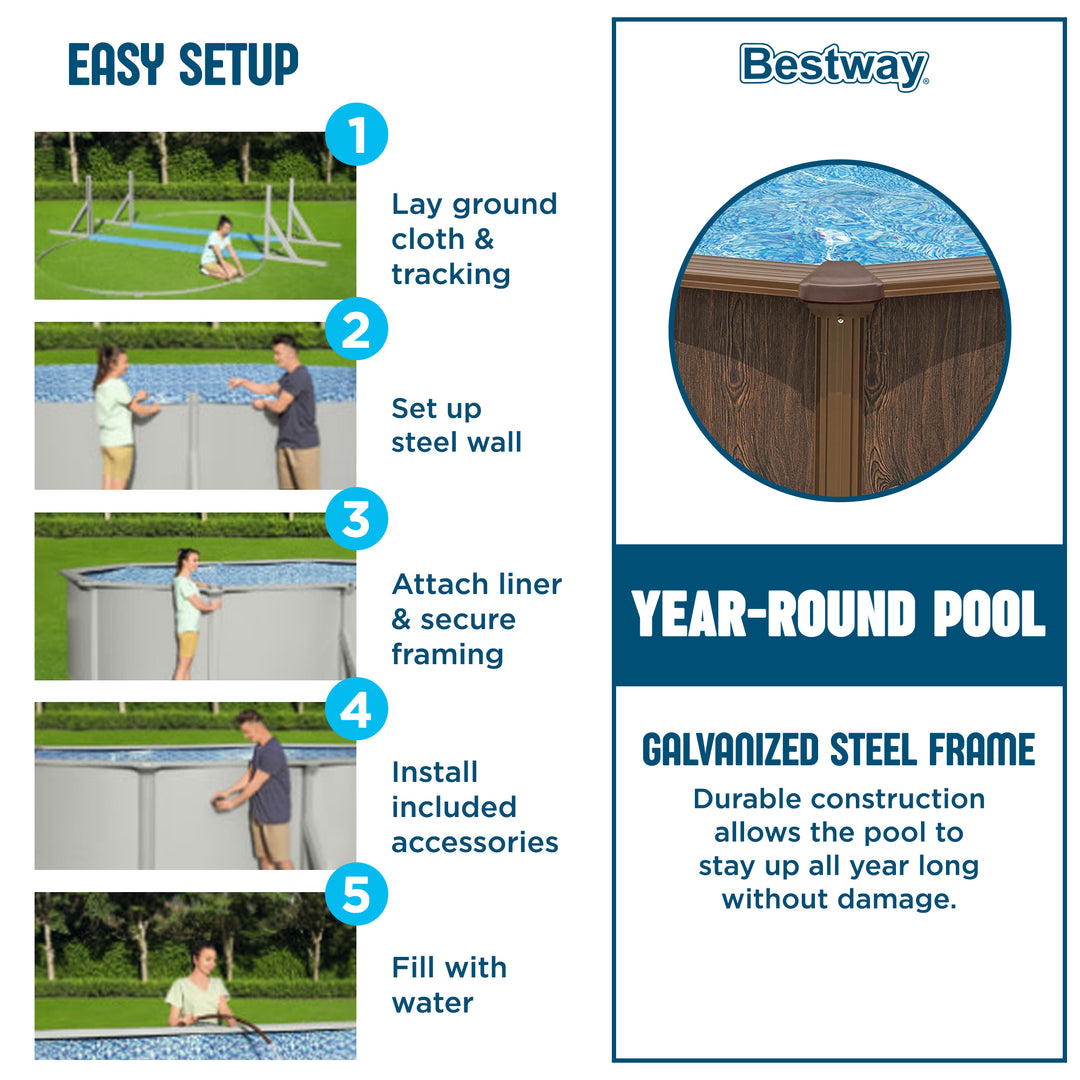 Bestway Hydrium 16’ x 52” Steel Wall Round Above Ground Swimming Pool Set