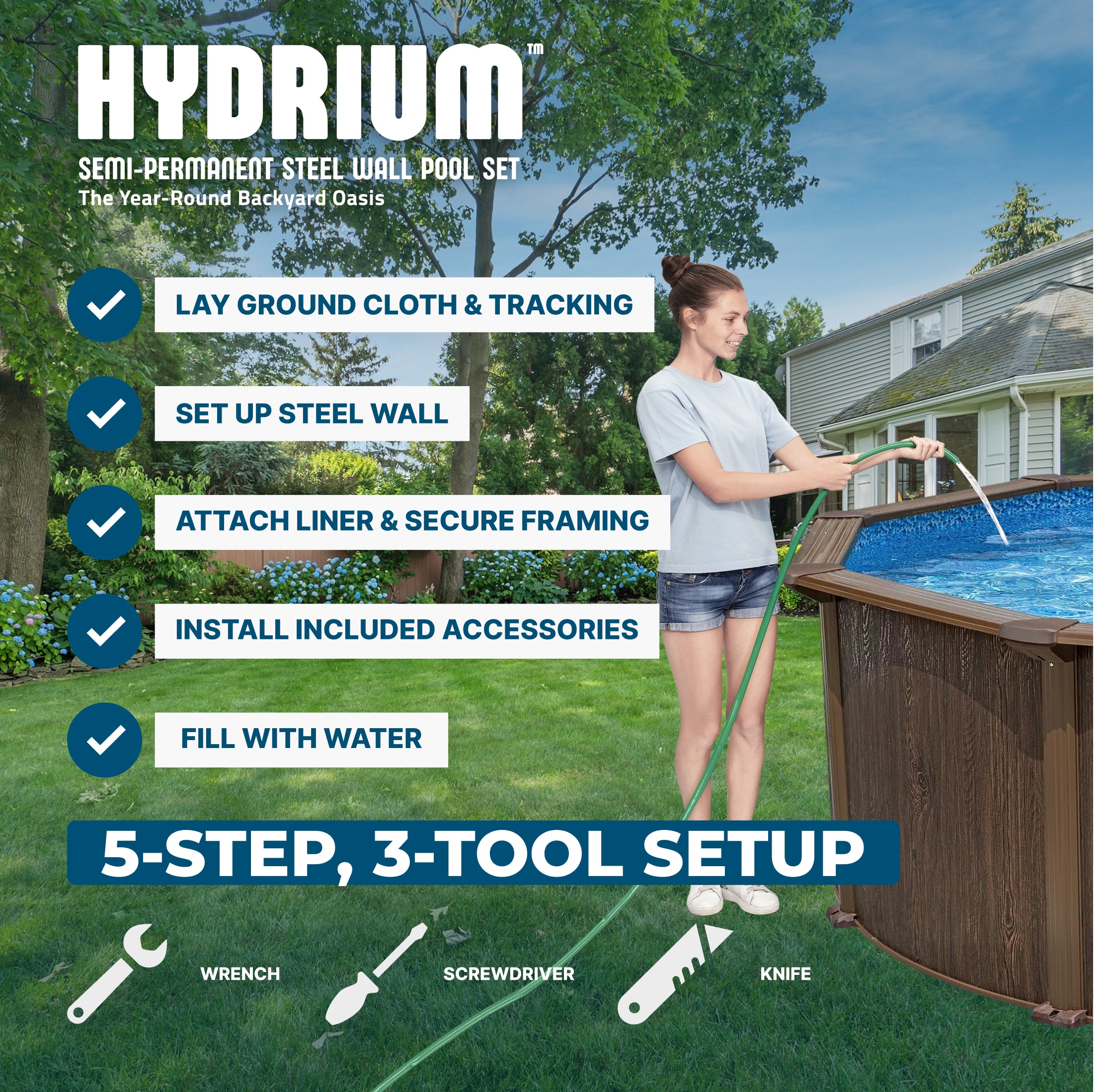 Bestway Hydrium 16’ x 52” Steel Wall Round Above Ground Swimming Pool Set - VMInnovations