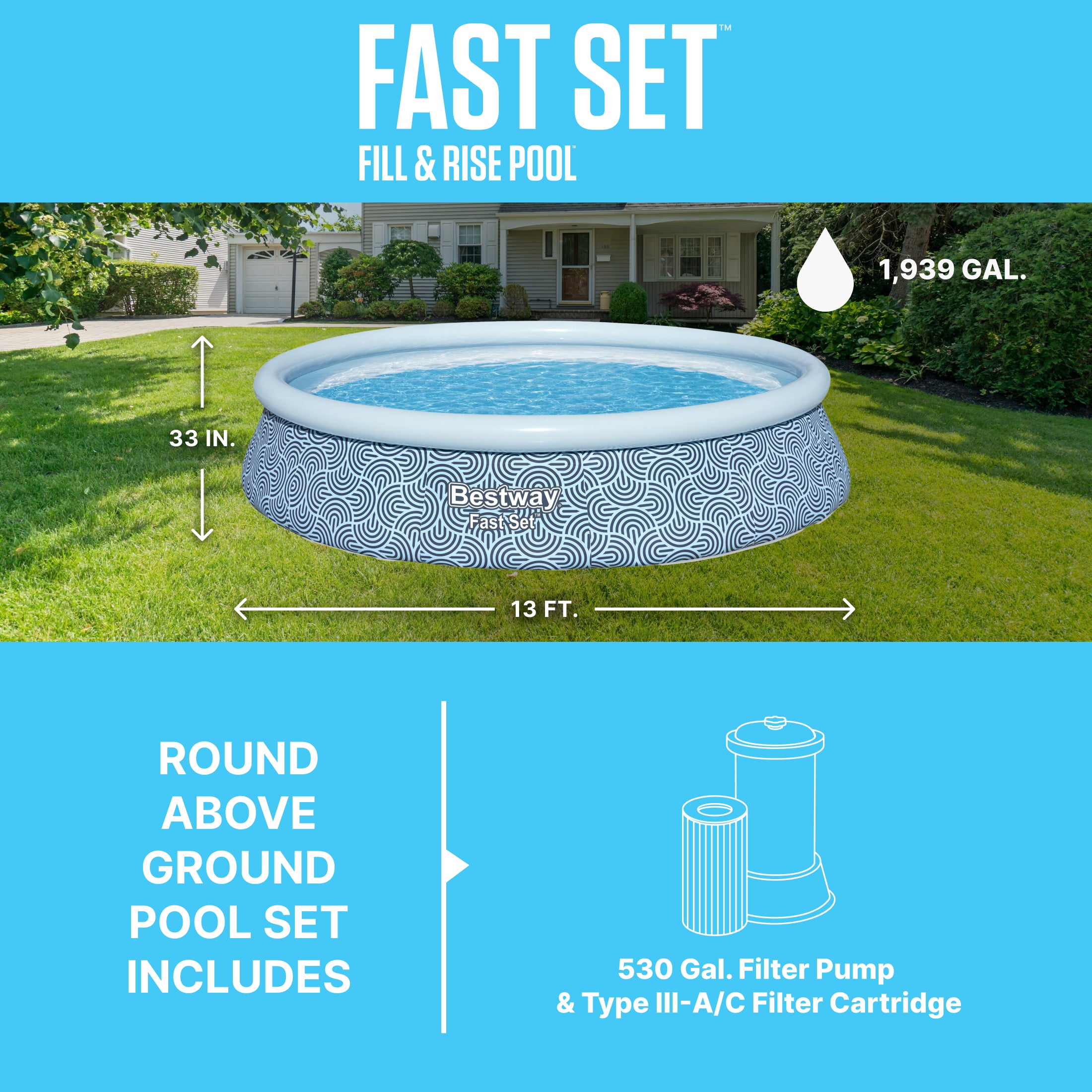Bestway Fast Set 13' x 33" Round Inflatable Swimming Pool Set, Rattan Print - VMInnovations