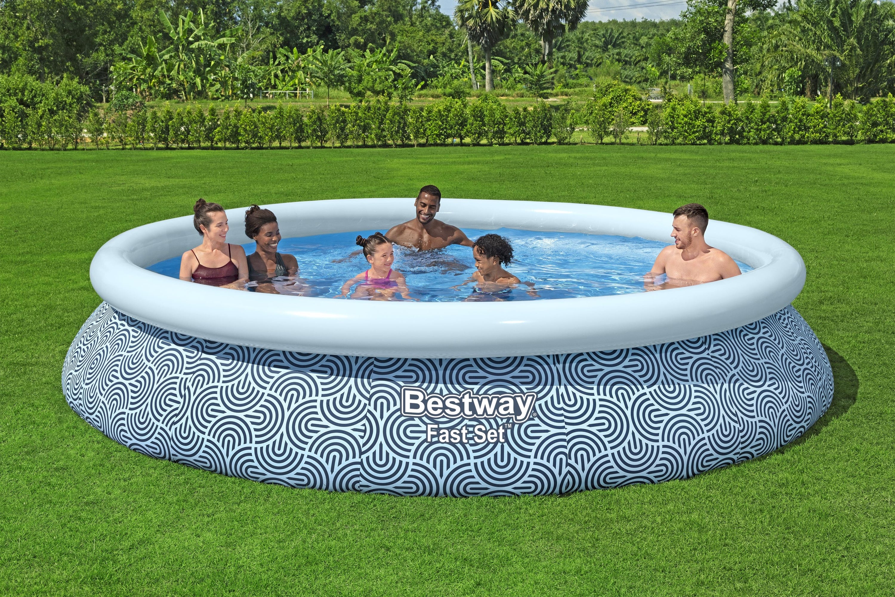 Bestway Fast Set 13' x 33" Round Inflatable Swimming Pool Set, Rattan Print - VMInnovations