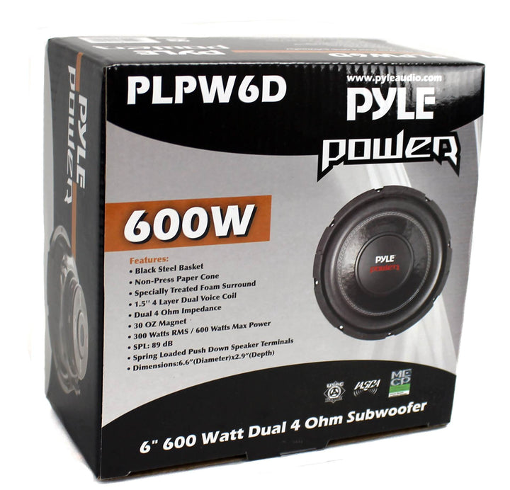 Pyle PLPW6D 6 Inch 600 Watt Dual 4 Ohm Car Audio Stereo Speaker Subwoofer, Black