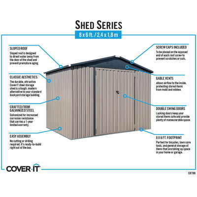 COVER-IT Metal Lockable Storage Shed for Outdoor Storage, 8'x6' (Open Box) - VMInnovations