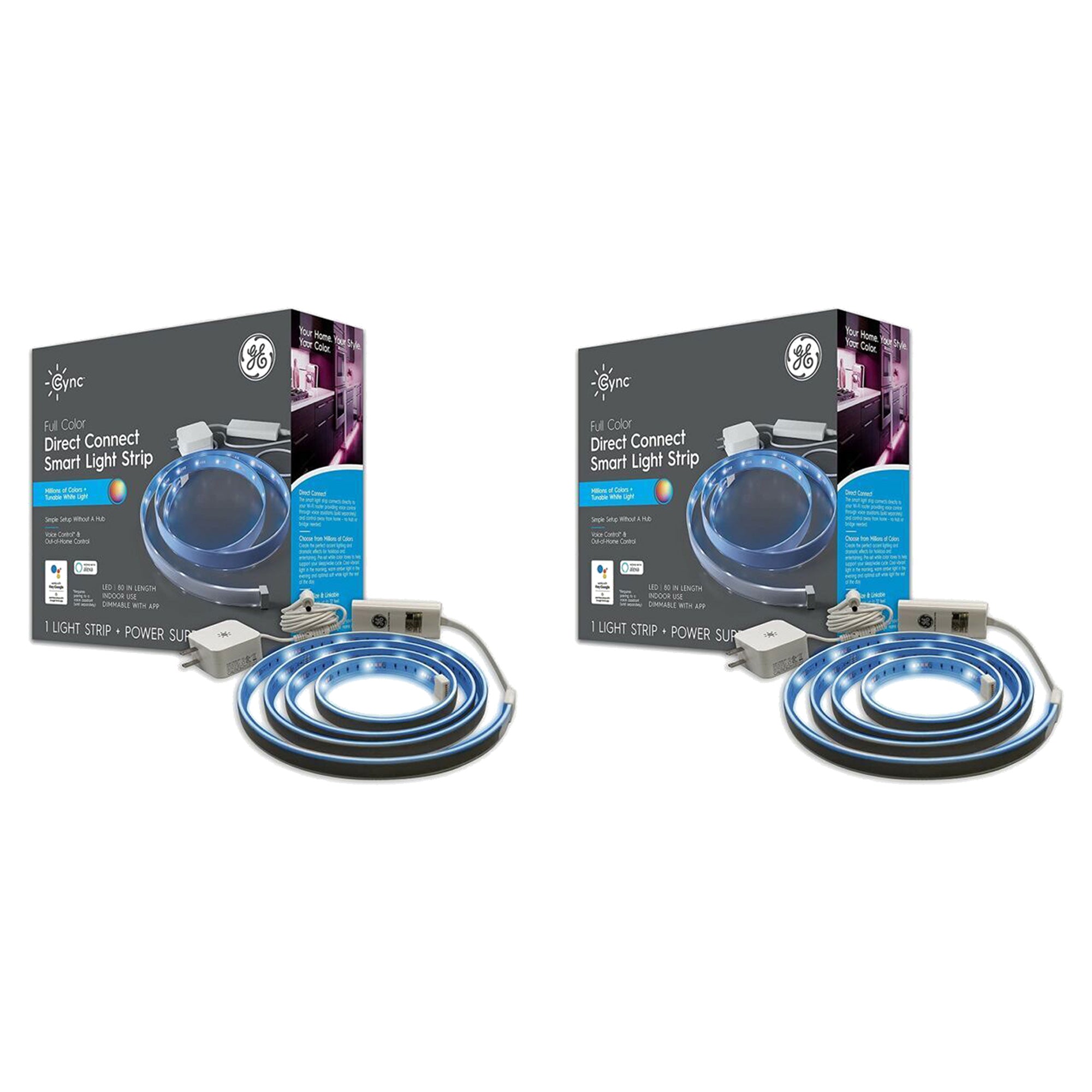 GE 2 Pack Cync Smart LED Light Strip with Voice and Out of Home Control, 80 In