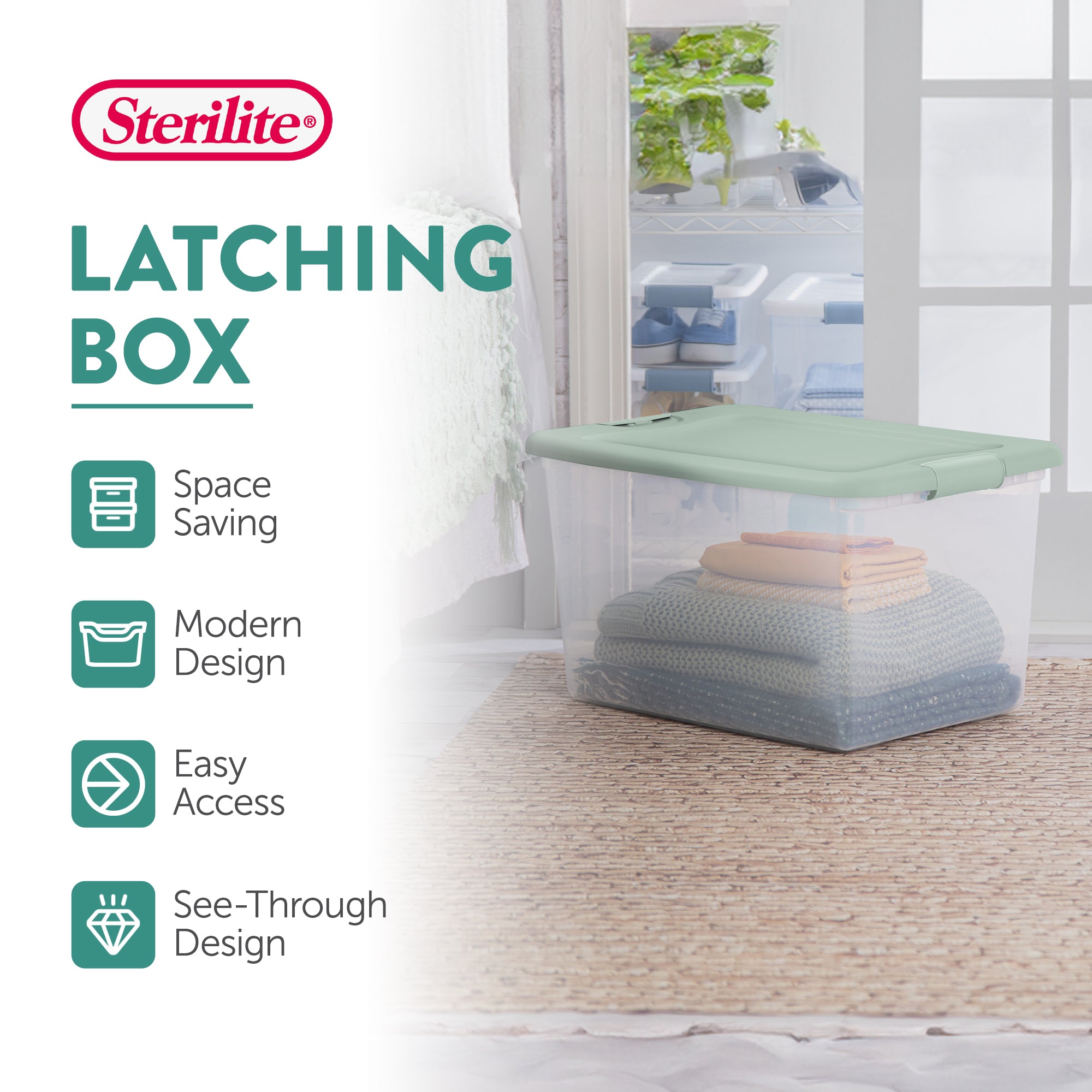 Sterilite 24 Pack 64 Qt Latching Box, Plastic Storage Bin with Lid, Mindful Mint