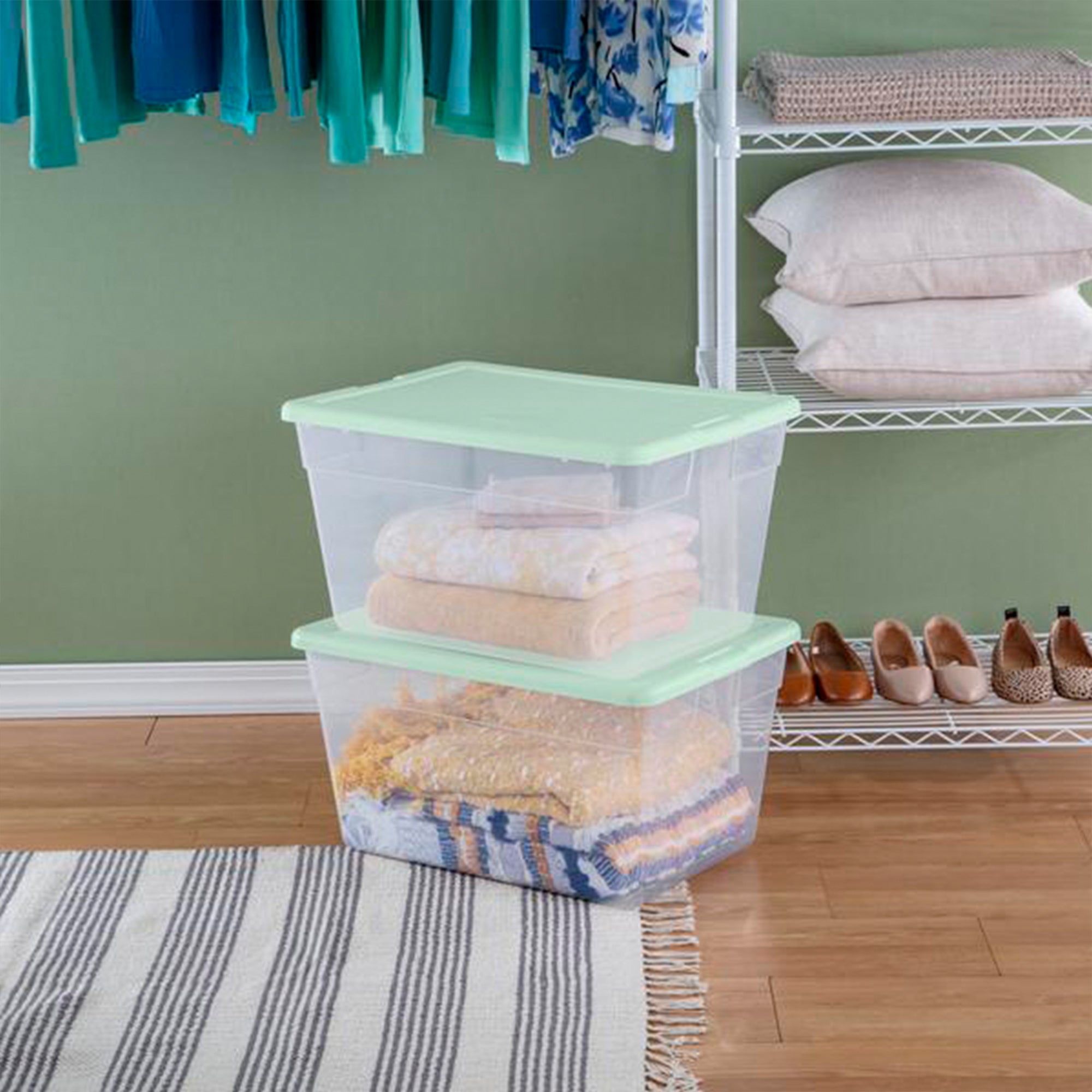 Sterilite 32 Pk Stackable Storage Tote Container, 56Qt, Clear, Mindful Mint Lid - VMInnovations