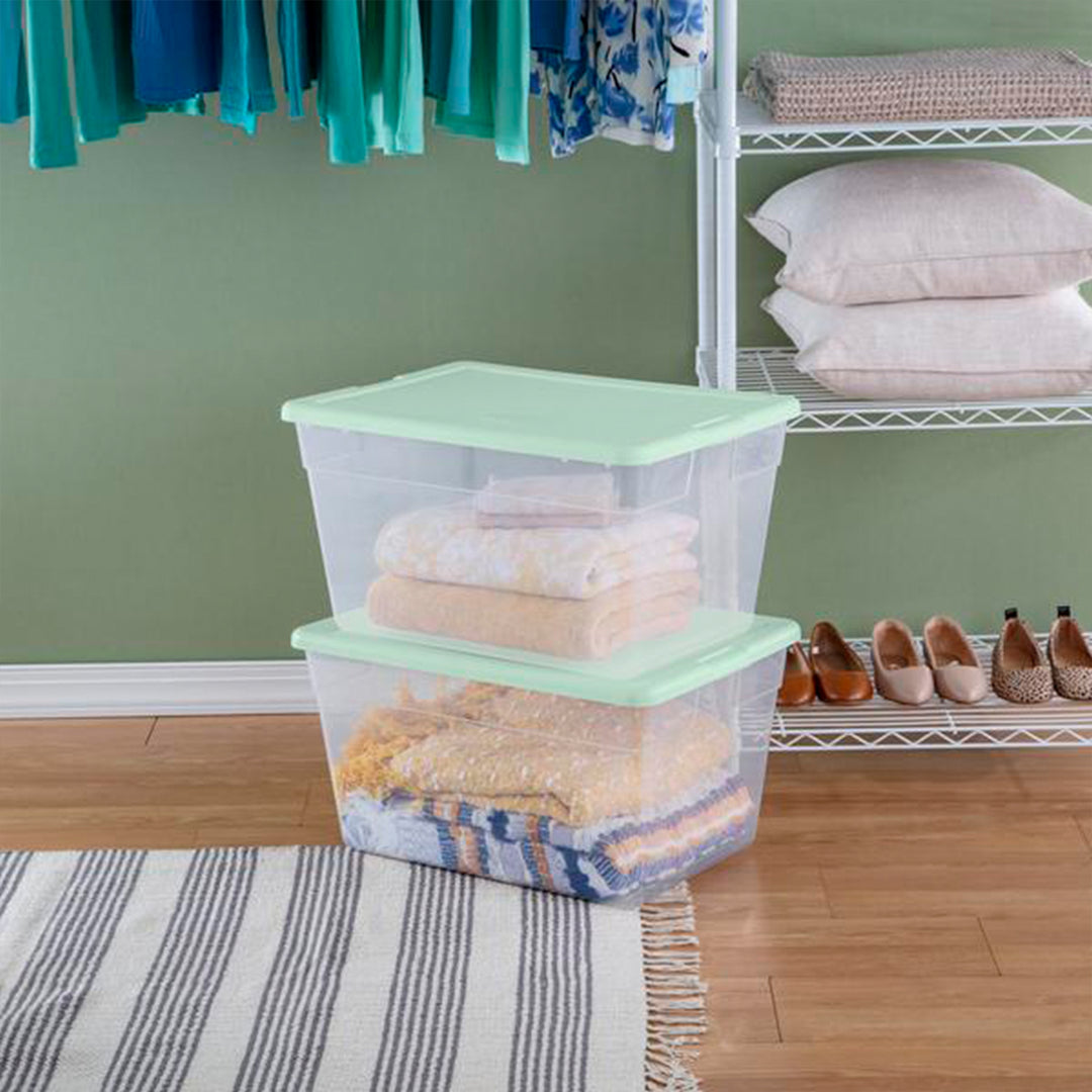 Sterilite 16 Pk Stackable Storage Tote Container, 56Qt, Clear, Mindful Mint Lid - VMInnovations