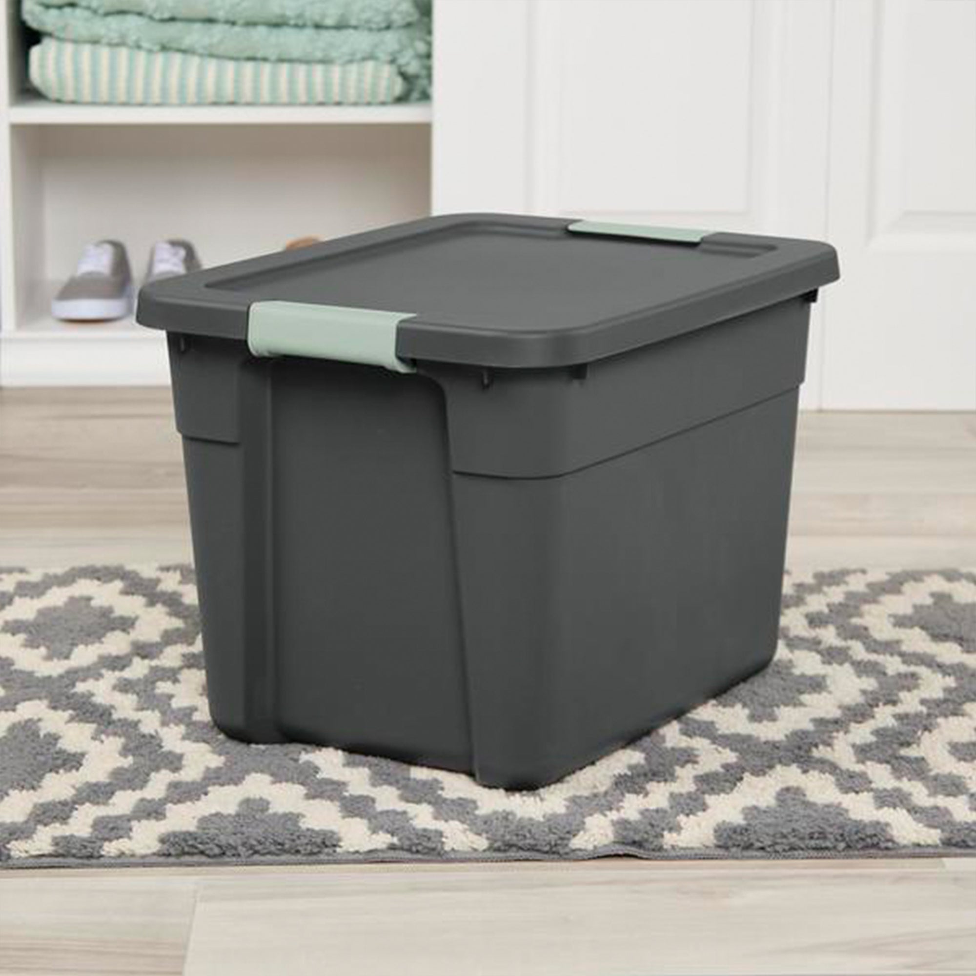 Sterilite 24Pk Latch Tote, Stackable Plastic Storage Container, 12Gal,Gray/Green