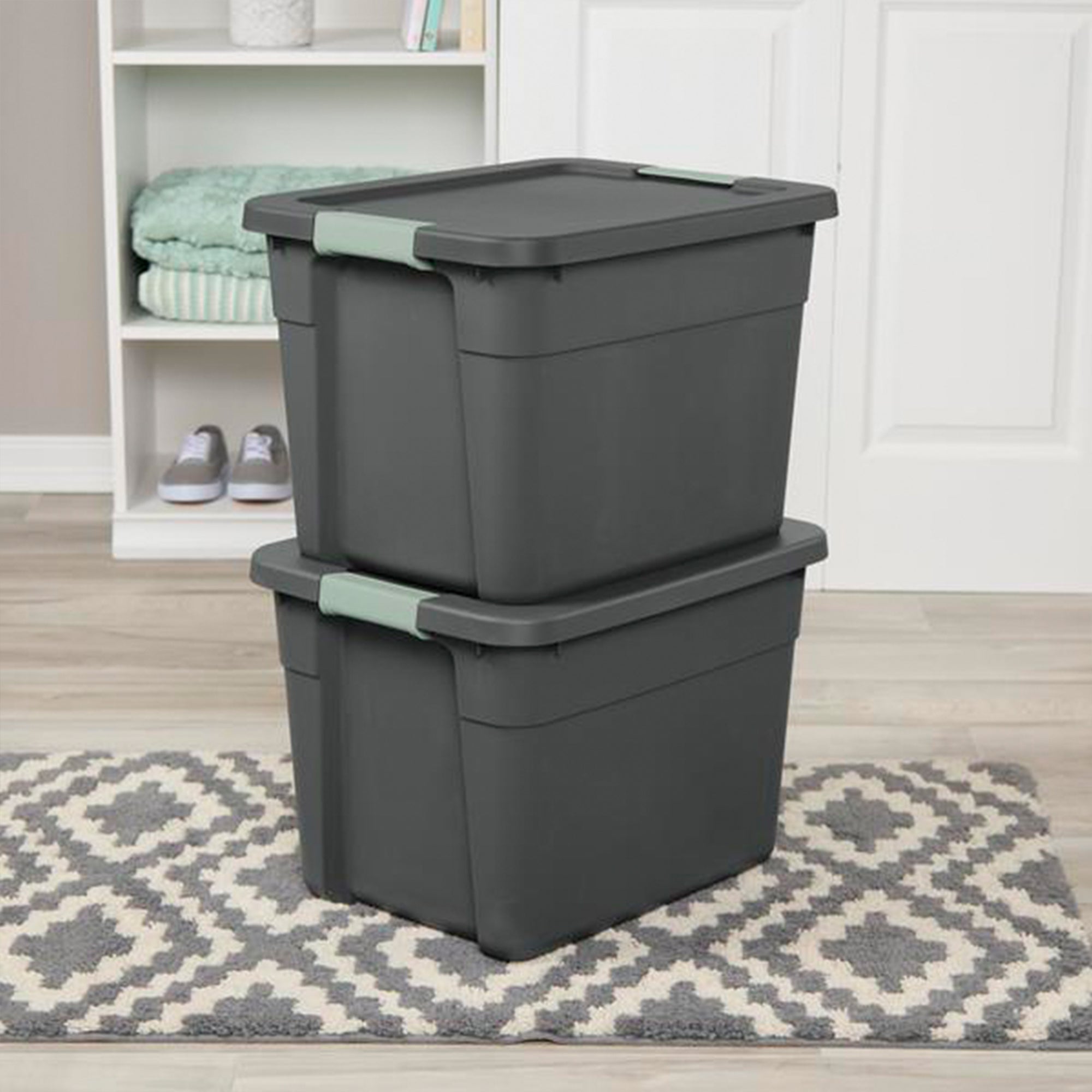 Sterilite 24Pk Latch Tote, Stackable Plastic Storage Container, 12Gal,Gray/Green