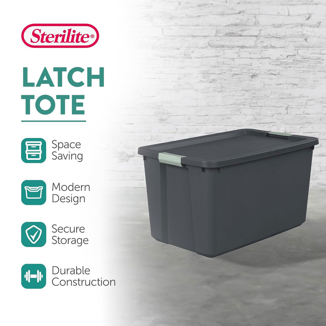 Sterilite 16 Pack 34 Gal Latch Tote, Stackable Plastic Storage Bin, Gray/Green