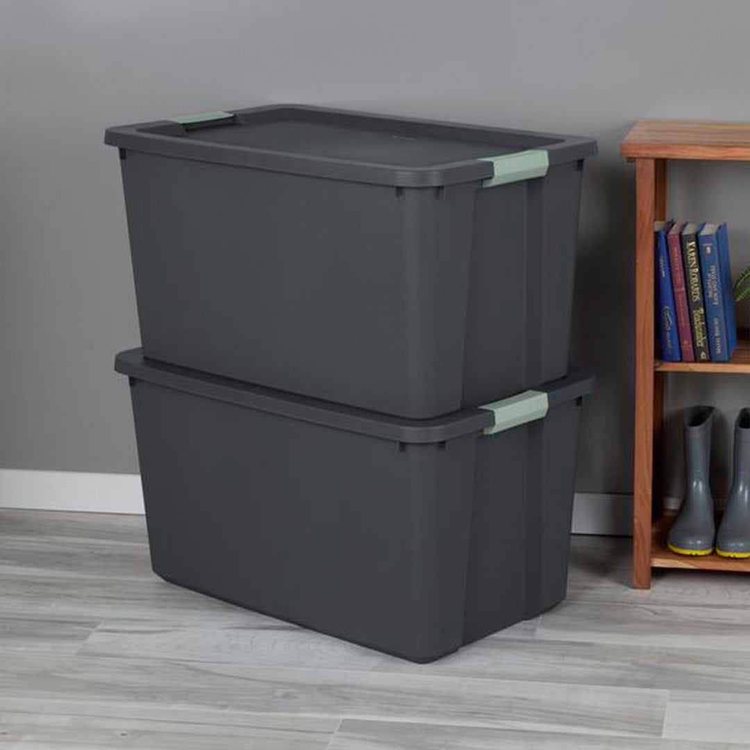 Sterilite 12 Pack 34 Gal Latch Tote, Stackable Plastic Storage Bin, Gray/Green