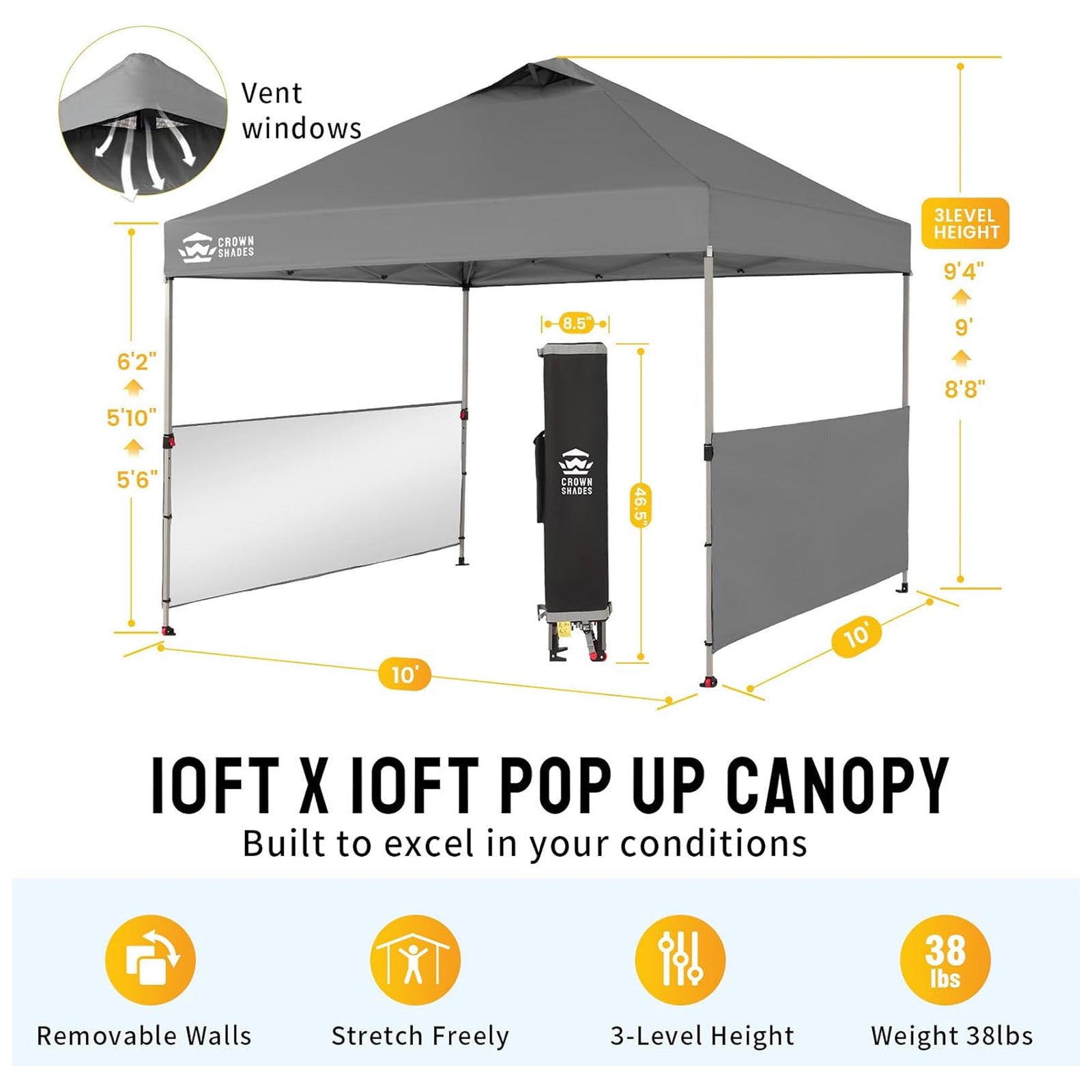 Crown Shades 10x10 Pop Up Canopy, Beach Tent with 2 Half Sidewalls, Gray(Used) - VMInnovations