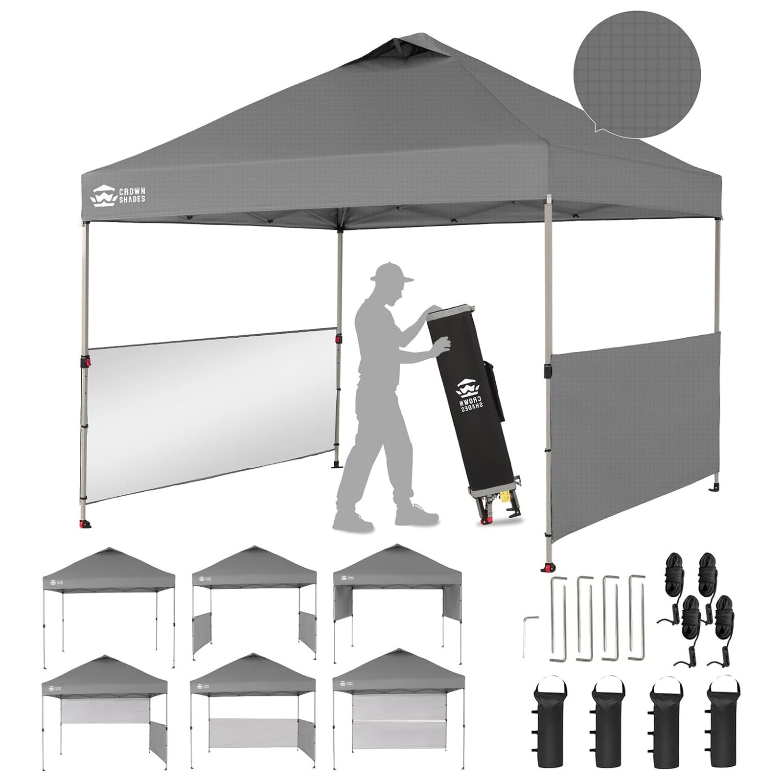 Crown Shades 10x10 Pop Up Canopy, Beach Tent with 2 Half Sidewalls, Gray(Used) - VMInnovations