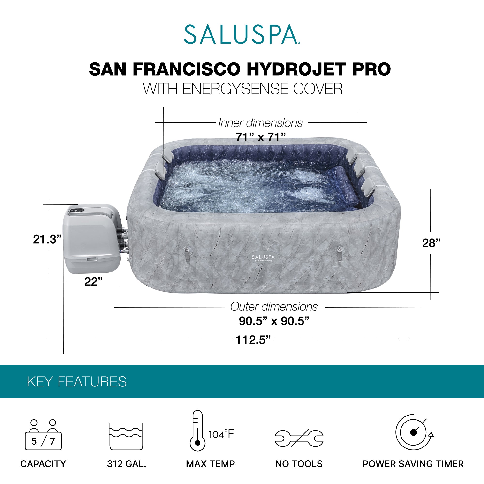 Bestway SaluSpa San Francisco EnergySense HydroJet Pro Inflatable Spa - Thumbnail 4