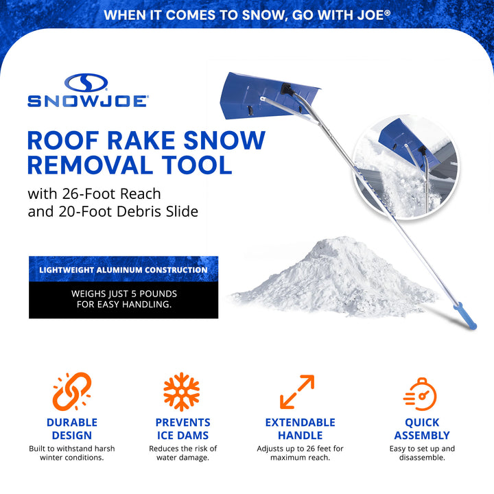 Snow Joe Roof Rake Snow Removal Tool with 26' Reach and 20' Debris Slide, RJ207M