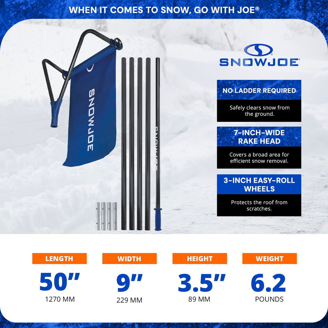 Snow Joe Roof Rake and Snow Removal Tool with 28-Foot Reach and 20-Foot Debris Slide - Ice Remover and Winter Season Accessory for Home, Building, and Garage, RJ208M