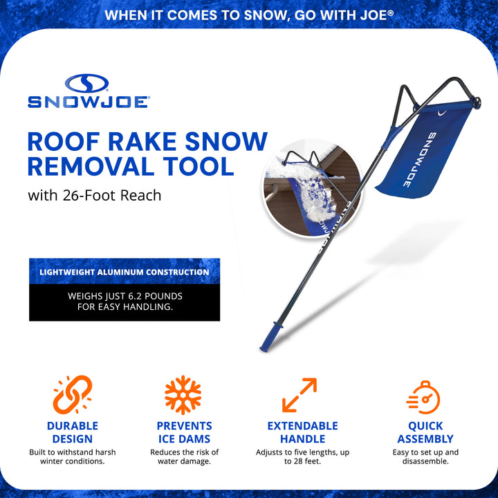 Snow Joe Roof Rake and Snow Removal Tool with 28-Foot Reach and 20-Foot Debris Slide - Ice Remover and Winter Season Accessory for Home, Building, and Garage, RJ208M