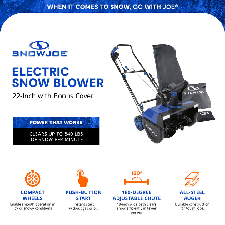 Snow Joe Electric Snow Blower, 22", Dual LED Lights, Cover Included, SJ627E-CVR