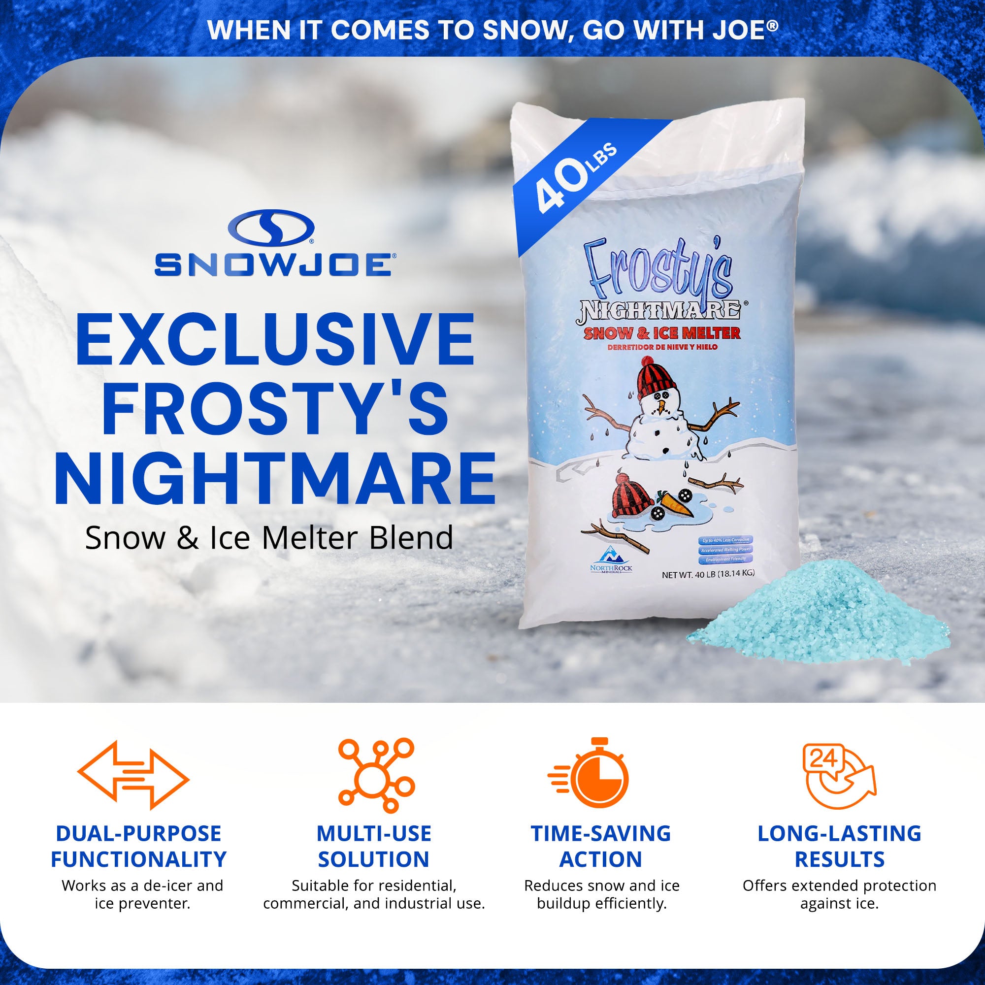 Snow Joe Snow & Ice Melter, Fast-Acting Melt Pellets, Salt Crystal Formula, 40 Lb Bag - Multi-Use Deicer and Remover for Driveway, Concrete, Sidewalk, and Outdoor Spaces, Frosty's Nightmare AZ-FN-40 - VMInnovations