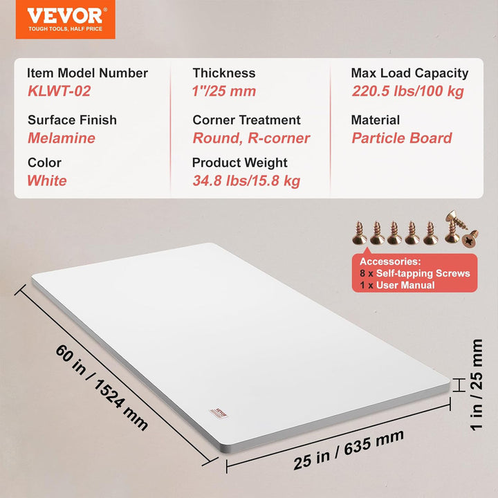 VEVOR 60 x 25 Inch Rectangular Tabletop for Adjustable Standing Desk, White