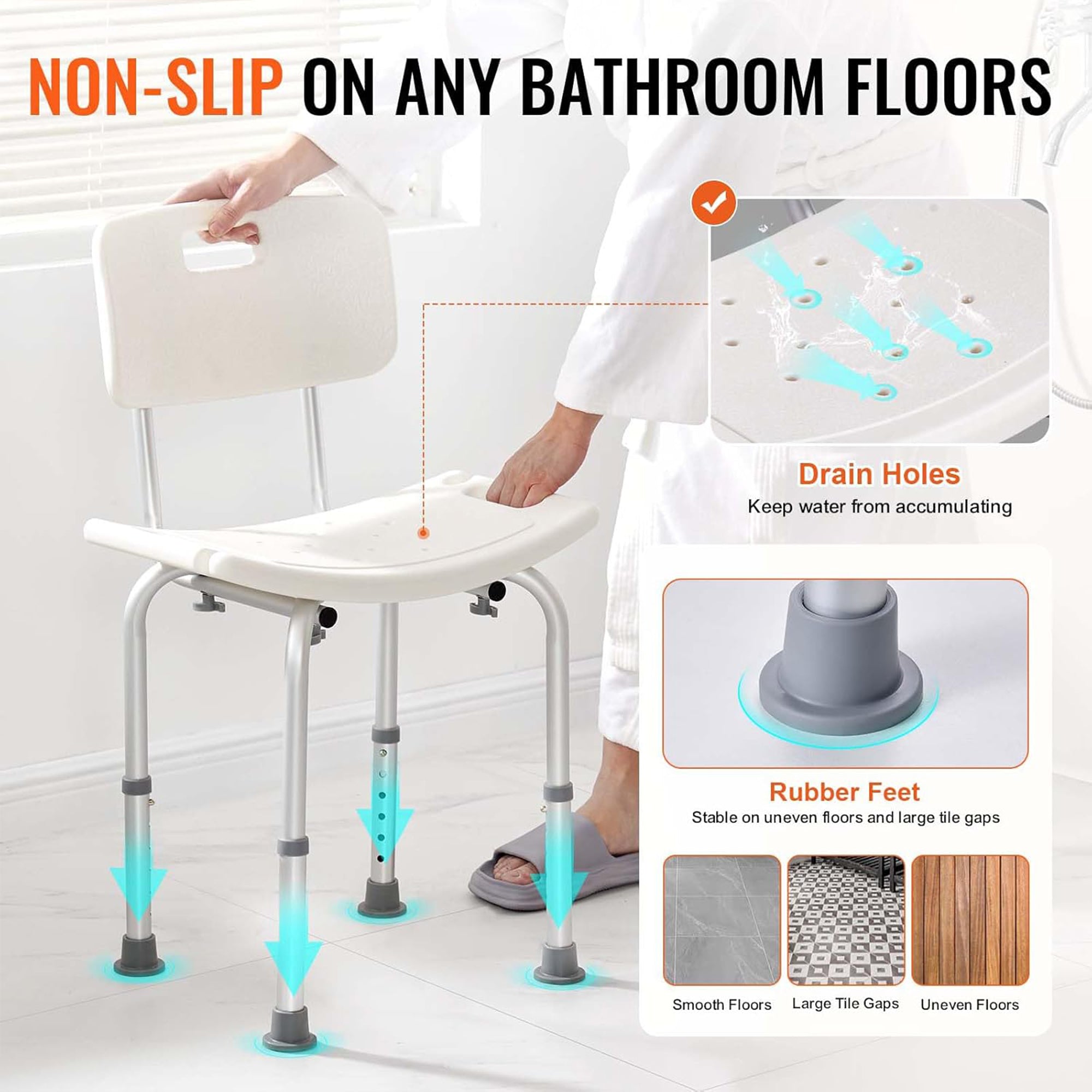 VEVOR Adjustable Shower Chair, Bathroom Bench w/Back for Elderly, 350lb Capacity - VMInnovations