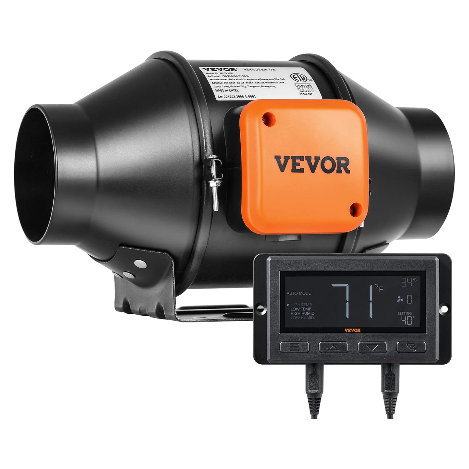 Vevor Inline Duct Fan w/Temperature and Humidity Controller for Hydroponics, 4" - VMInnovations