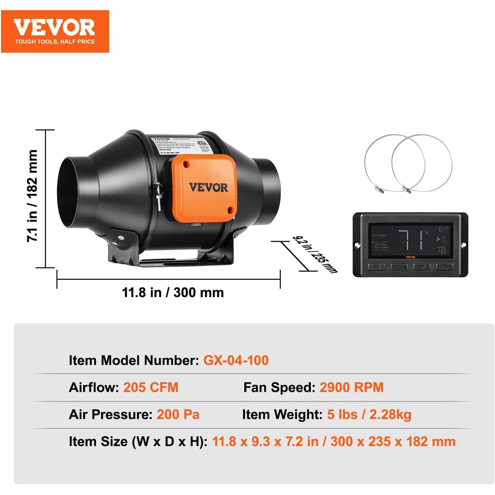 Vevor Inline Duct Fan w/Temperature and Humidity Controller for Hydroponics, 4" - VMInnovations