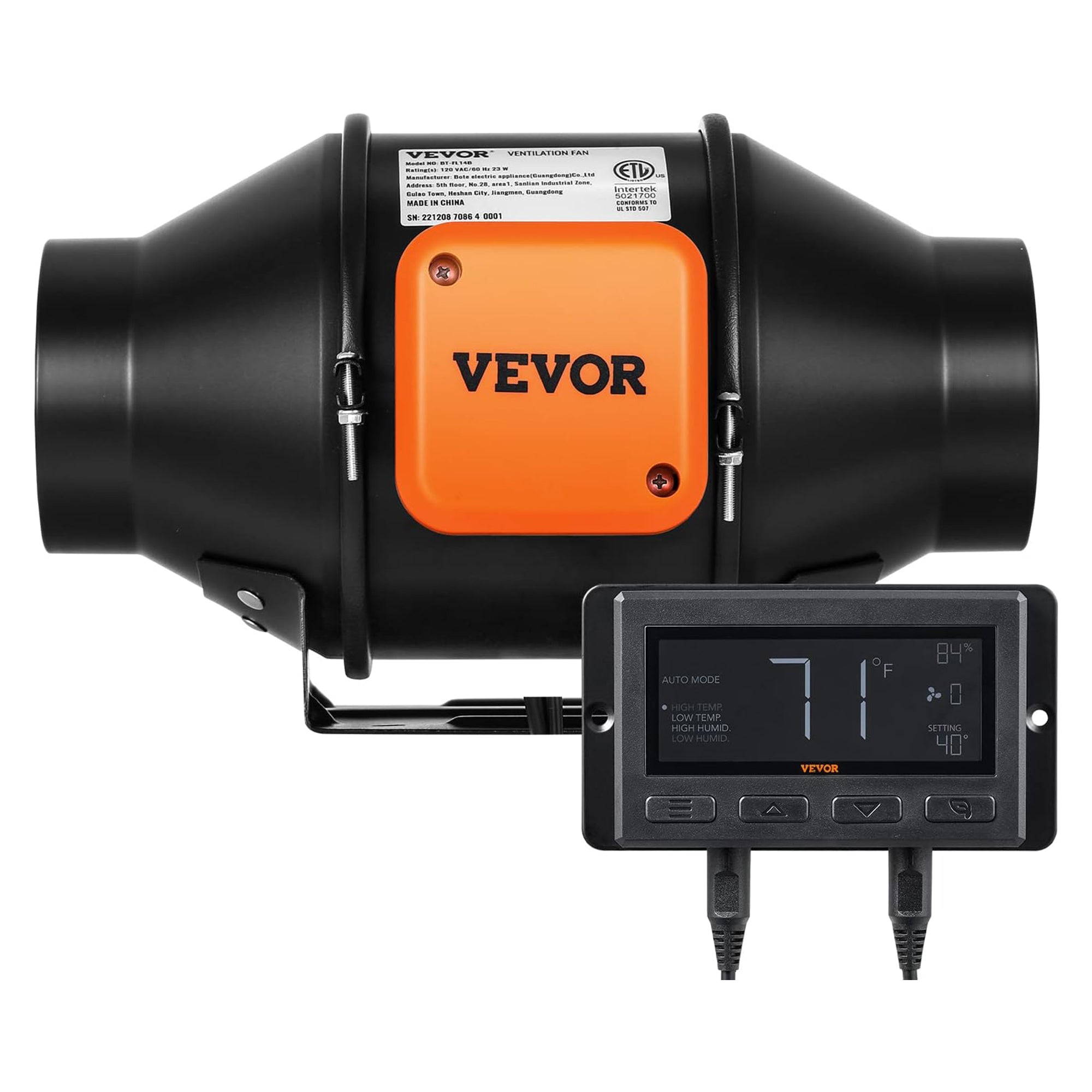 Vevor Inline Duct Fan w/Temperature and Humidity Controller for Hydroponics, 4" - VMInnovations