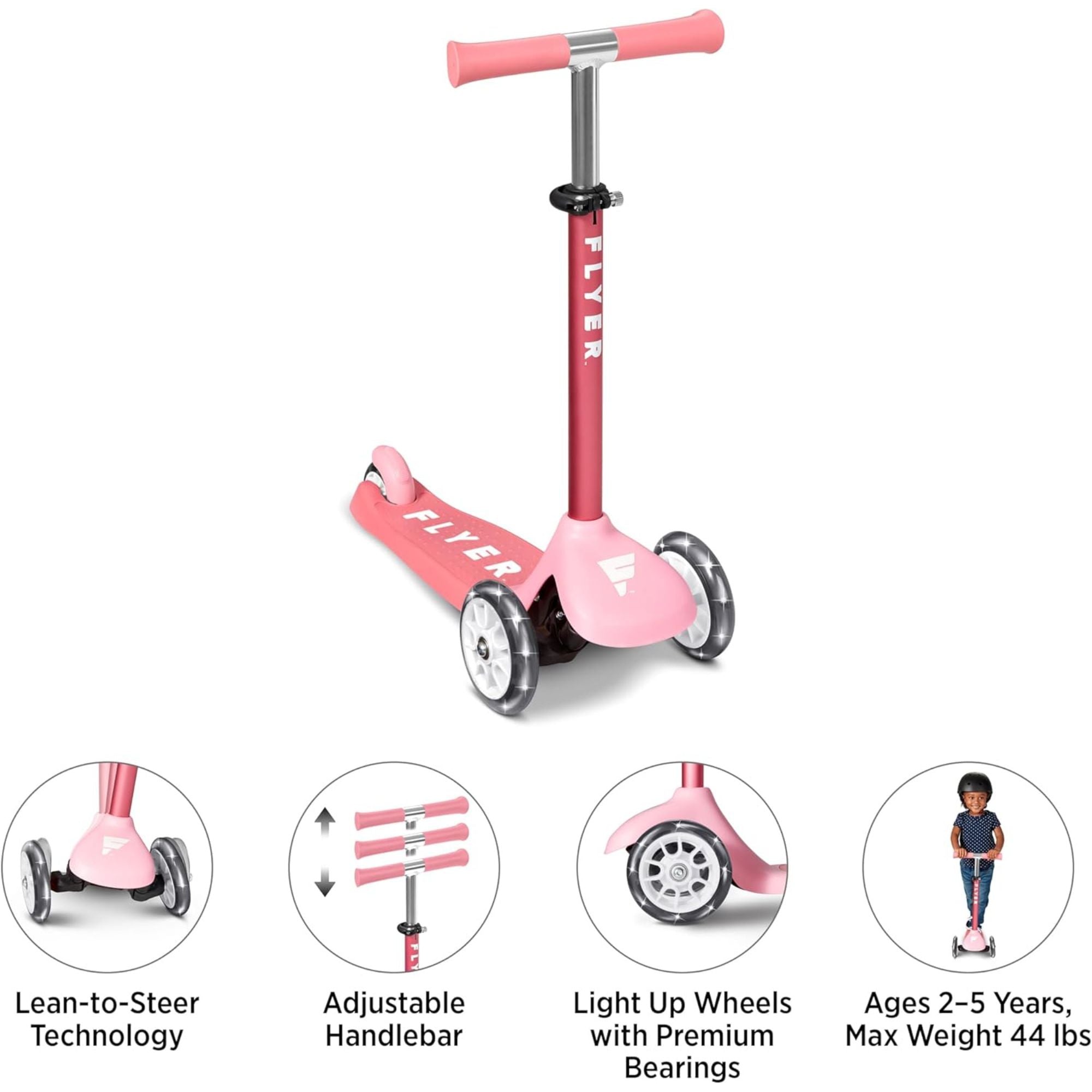 Radio Flyer Kids Toddler Flyer Glider Jr. Ride On Toy w/ Light Up Wheels, Pink - VMInnovations
