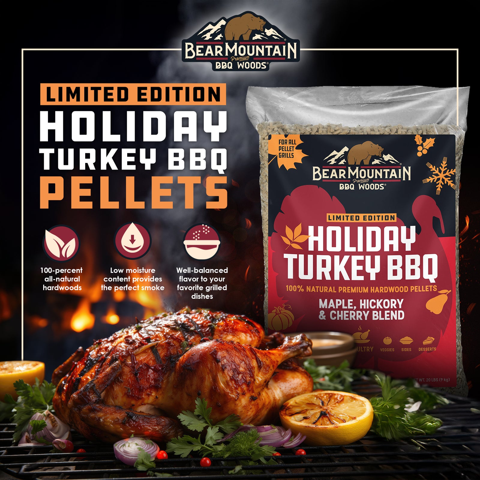 Bear Mountain BBQ Holiday Turkey Blend Maple, Hickory, & Cherry Pellets, 20 lbs - VMInnovations