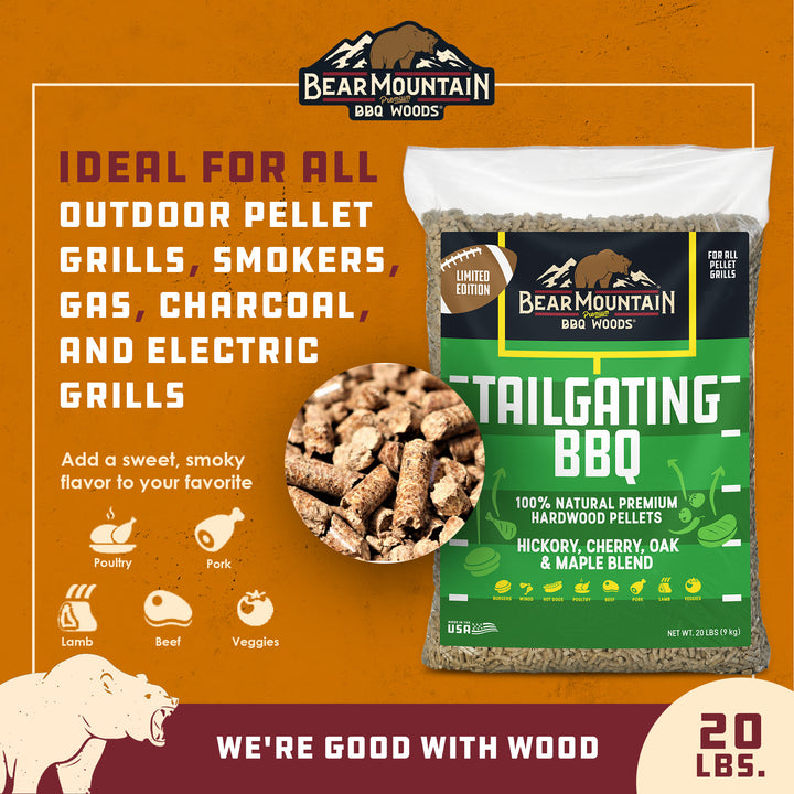 Bear Mountain Tailgating BBQ, Hickory, Cherry, Oak, and Maple Blend, 20 Pounds