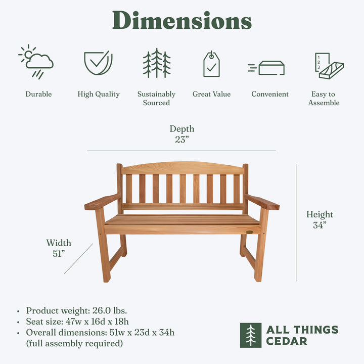 All Things Cedar 51” Wooden Garden Bench, Outdoor Patio Seating Chair, Natural