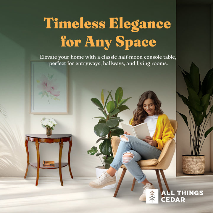 All Things Cedar Wood Half Moon Console Table w/ Storage Shelf, Cherry(Open Box)