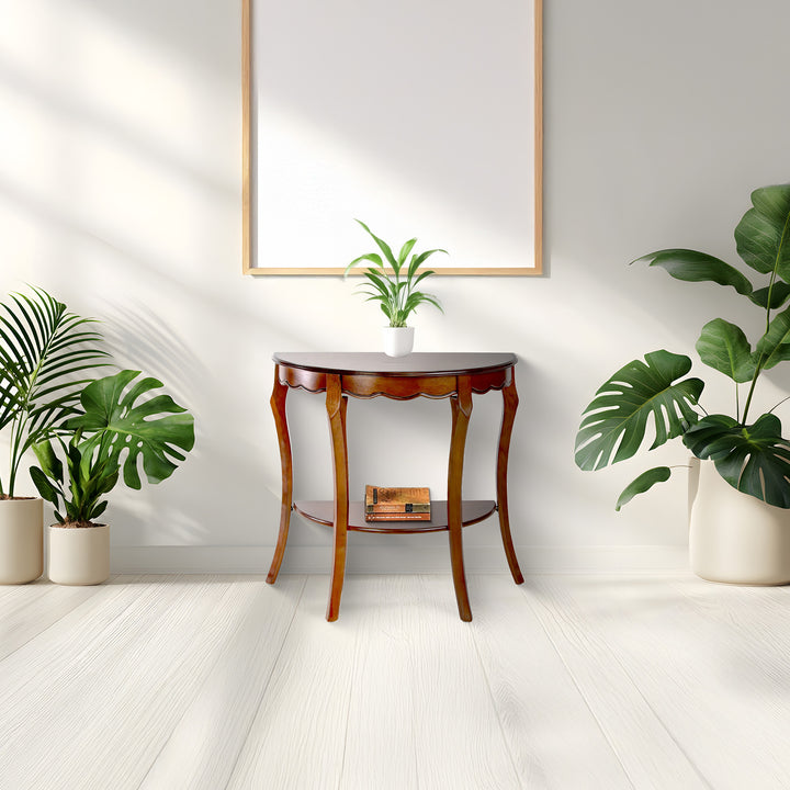 All Things Cedar Wood Half Moon Console Table w/ Storage Shelf, Cherry(Open Box)