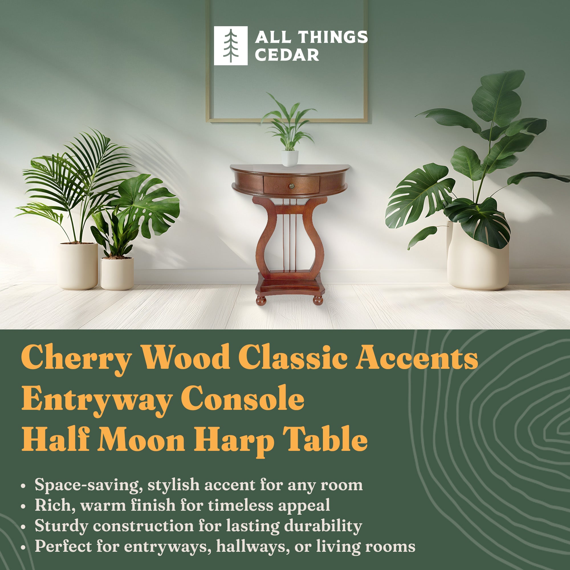 All Things Cedar Wood Half Moon Harp Accent Storage Drawer Console Table, Cherry - VMInnovations