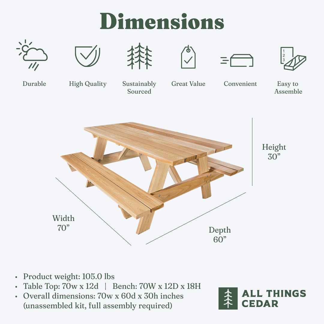 All Things Cedar 6-Ft Outdoor Picnic Table, Handcrafted Wooden Patio Bench Set