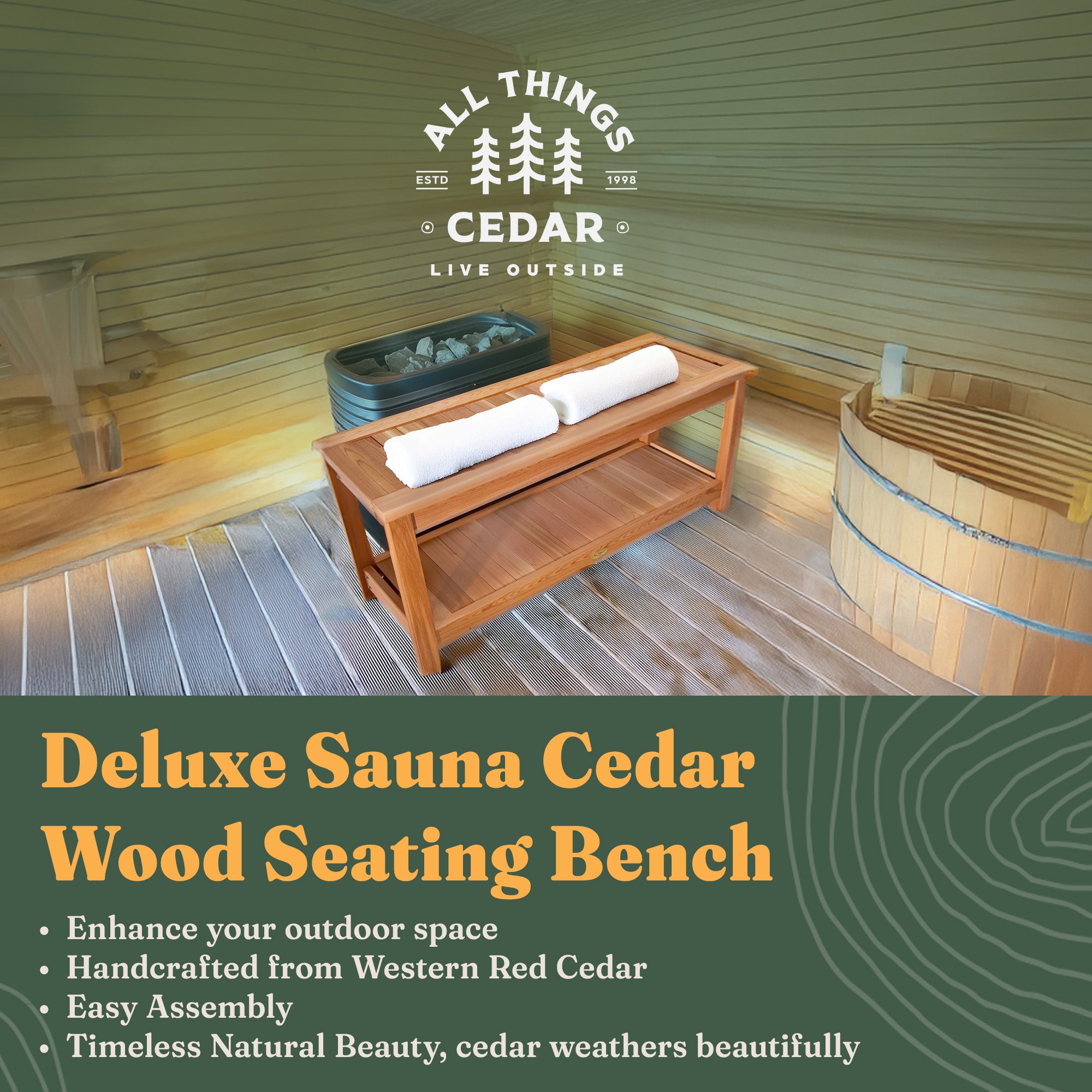 All Things Cedar 44” Deluxe Wood Sauna Bench, Indoor Outdoor Seating (For Parts) - VMInnovations
