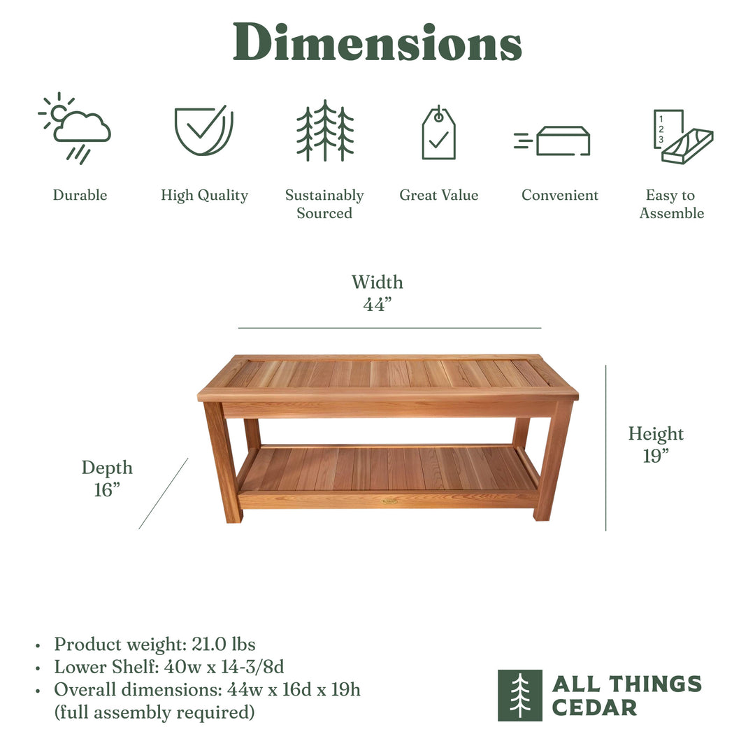 All Things Cedar 44” Deluxe Wood Sauna Bench, Indoor Outdoor Seating, Natural