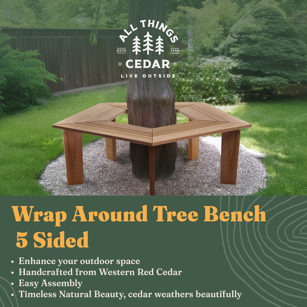 All Things Cedar 52” Wood Tree Bench 5 Side Wrap Around Outdoor Seating, Natural