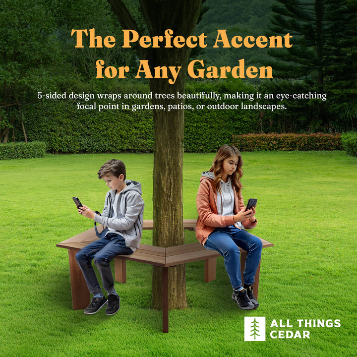 All Things Cedar 52”Wood Tree Bench 5 Side Wrap Around Outdoor Seating(Open Box)