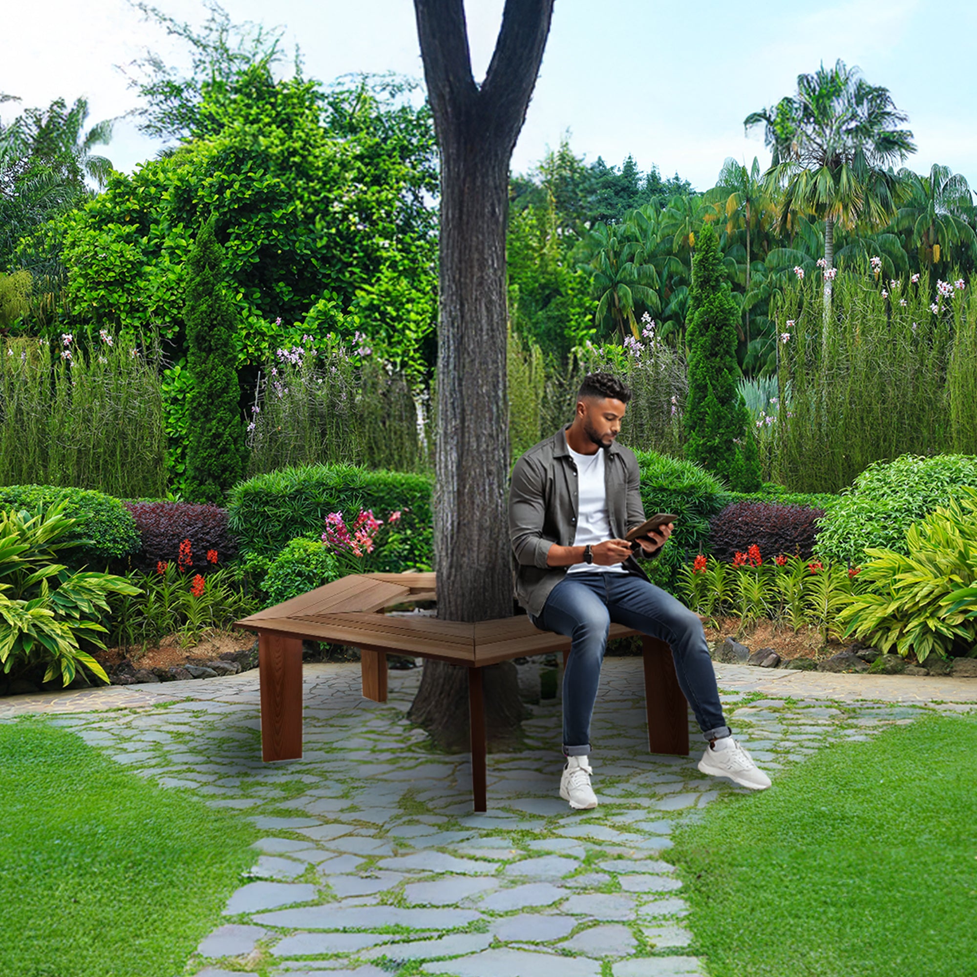 All Things Cedar 52”Wood Tree Bench 5 Side Wrap Around Outdoor Seating(Open Box) - VMInnovations