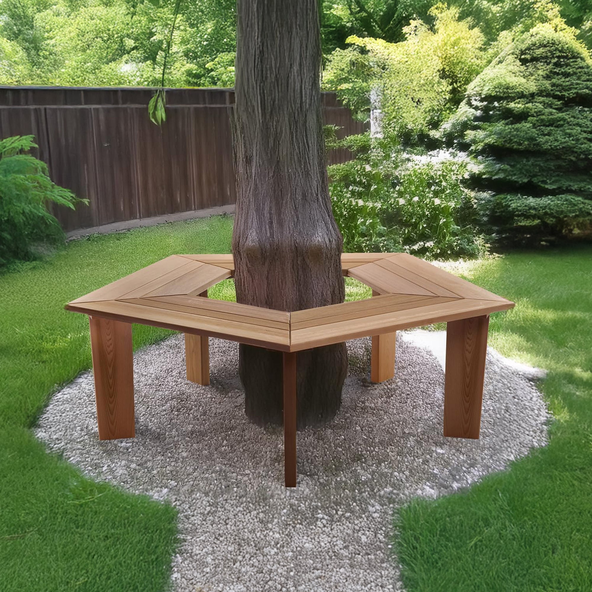 All Things Cedar 52”Wood Tree Bench 5 Side Wrap Around Outdoor Seating(Open Box) - VMInnovations