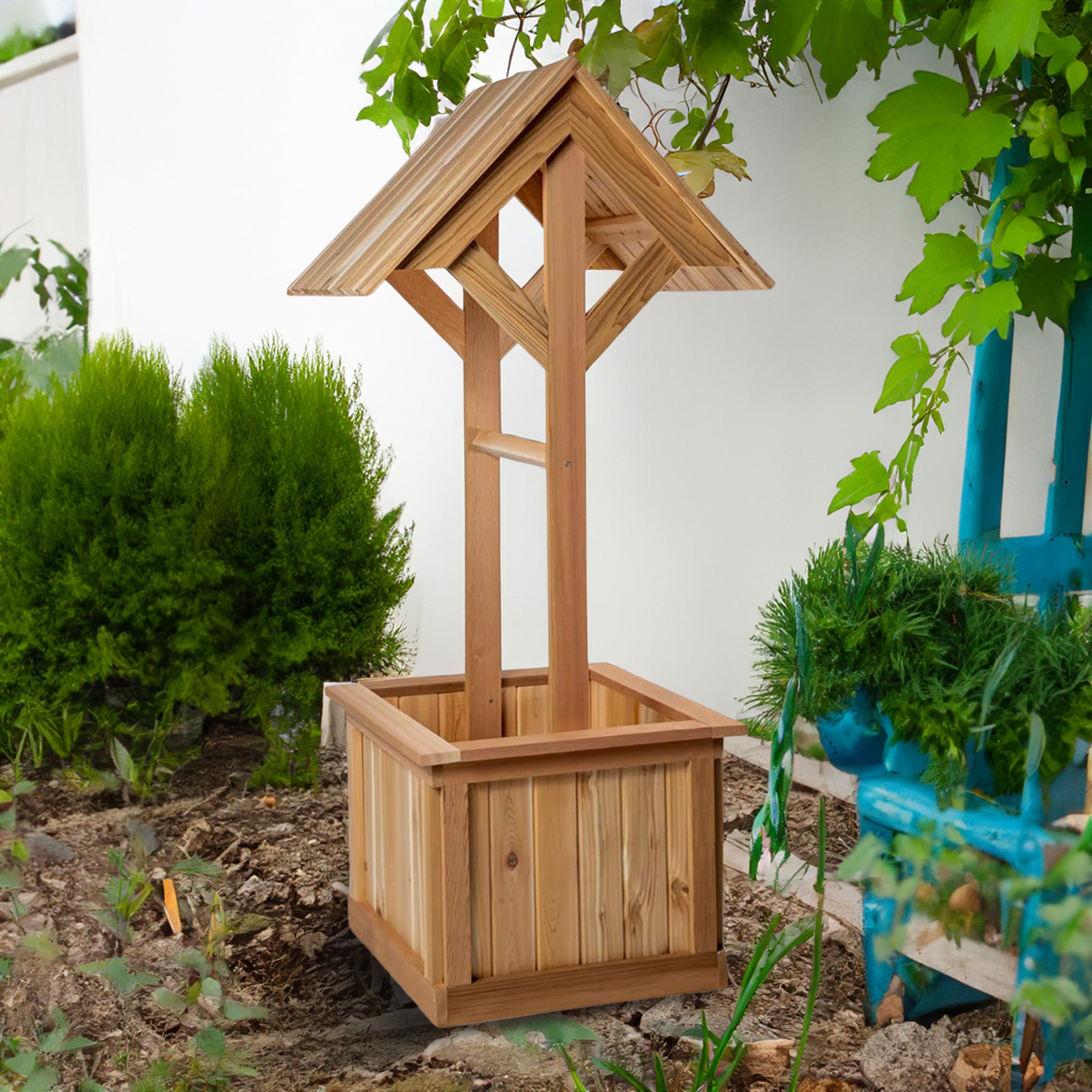 All Things Cedar Outdoor Wishing Well Planter Box for Flowers & Plants(Open Box)