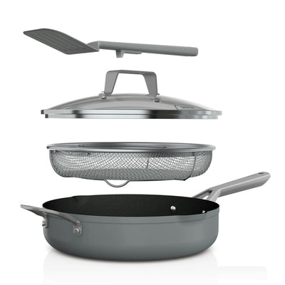 Ninja Foodi NeverStick 4 Quart Pan with Lid & Strainer, Oven Safe, Sea Salt Grey - VMInnovations