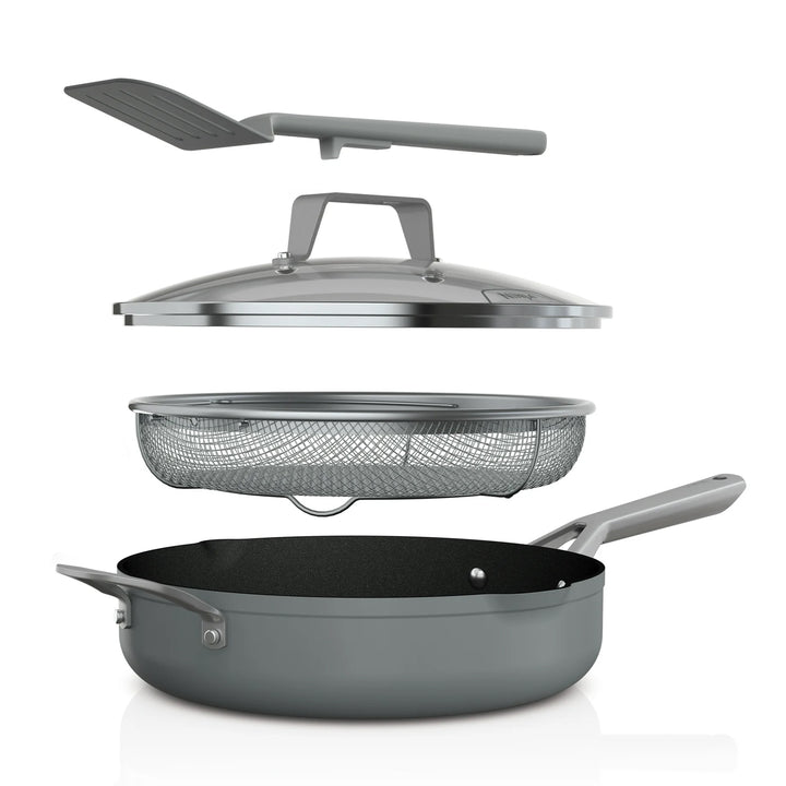 Ninja Foodi NeverStick 4 Quart Pan with Lid & Strainer, Oven Safe, Sea Salt Grey