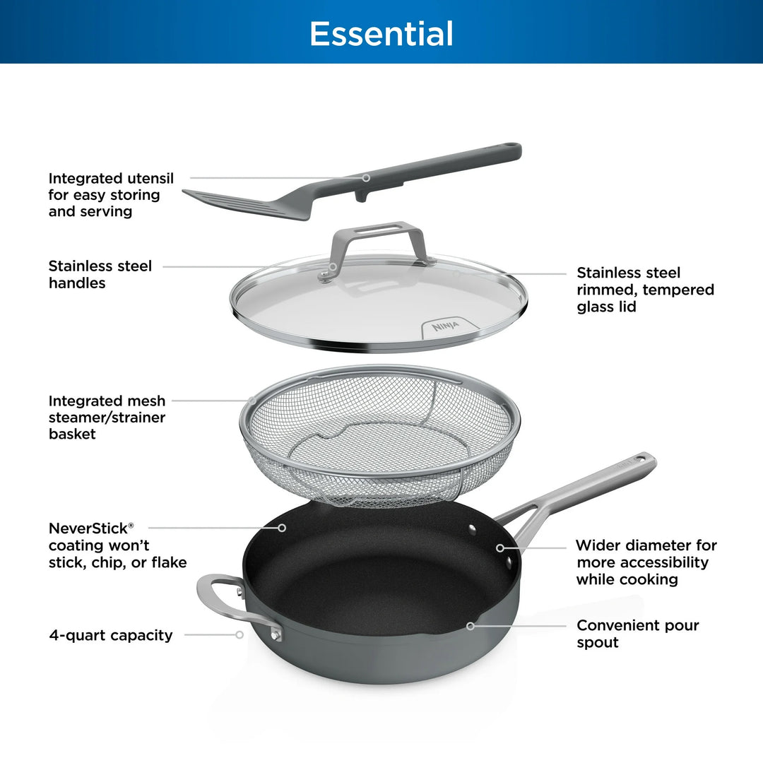 Ninja Foodi NeverStick 4 Quart Pan with Lid & Strainer, Oven Safe, Sea Salt Grey