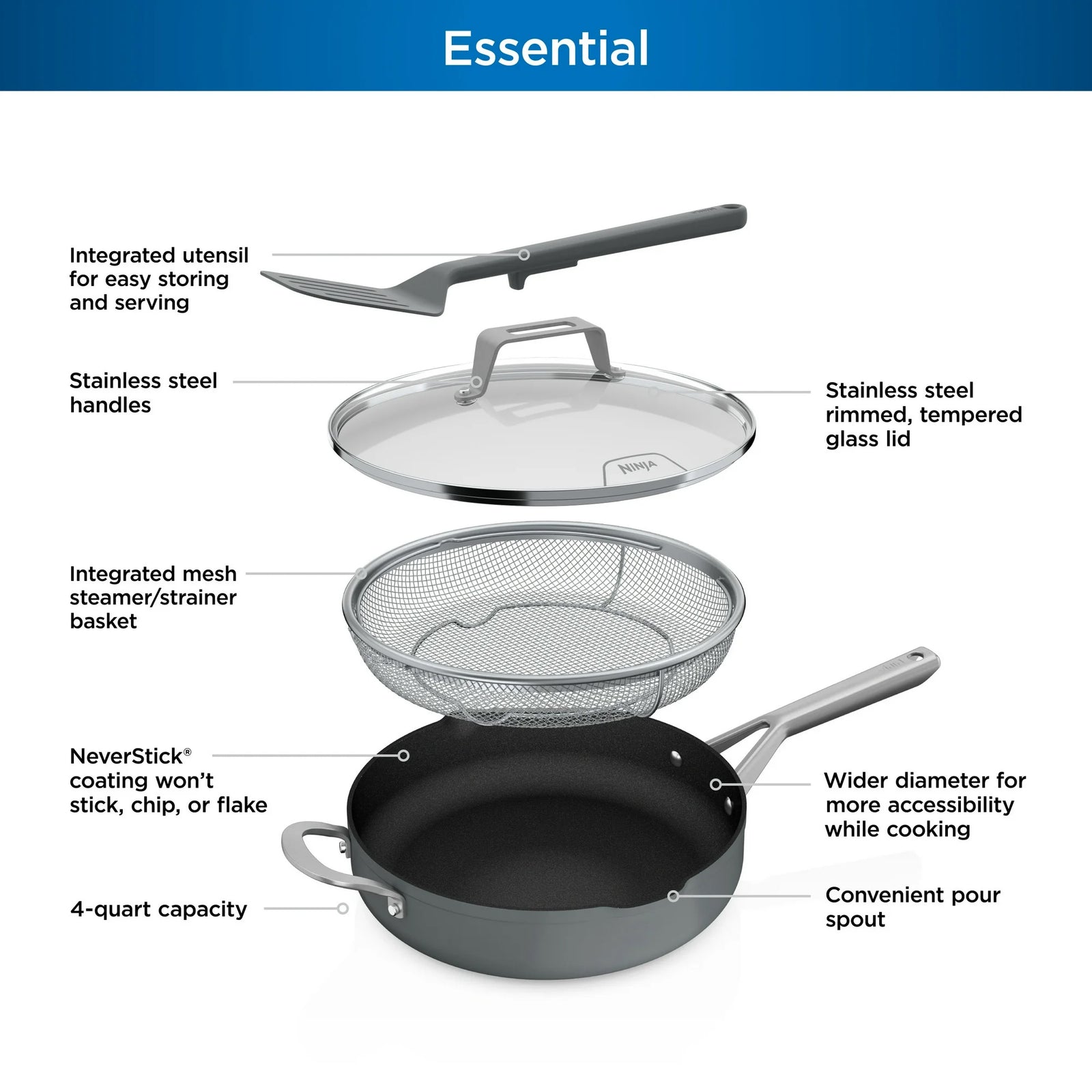 Ninja Foodi NeverStick 4 Quart Pan with Lid & Strainer, Oven Safe, Sea Salt Grey - VMInnovations