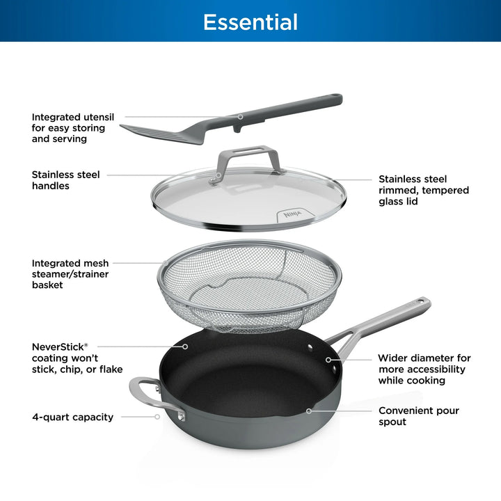 Ninja Foodi NeverStick 4 Quart Pan with Lid & Strainer, Oven Safe, Sea Salt Grey